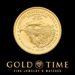 Eagle head reverse of the 1/4 oz 22k American Eagle gold coin, 10 dollars fine gold