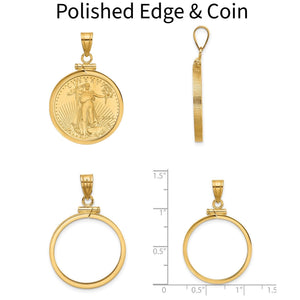 Polished edge 14k gold bezel with 1/4 oz American Eagle coin, front, side, and size views