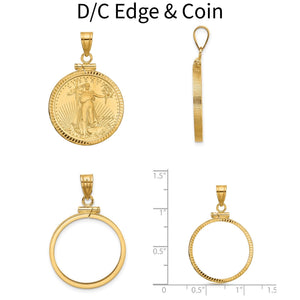 Diamond-cut edge 14k gold bezel with 1/4 oz American Eagle coin, front, side, and size views