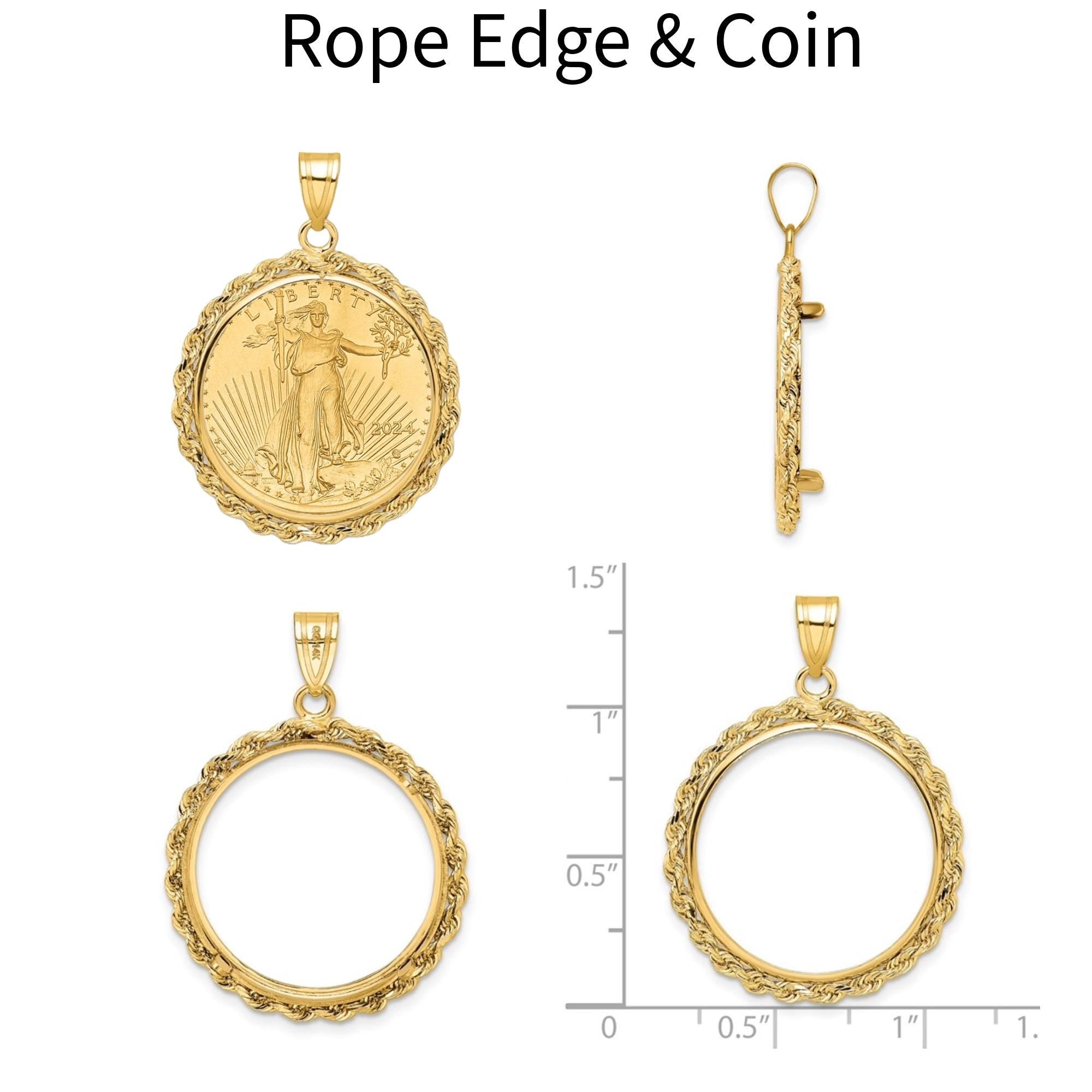 1/4 oz Gold American Eagle Coin Pendant in 14k Gold  Custom Bezel Options  Rope Edge, Screw Top, or Natural VS Diamond Frame