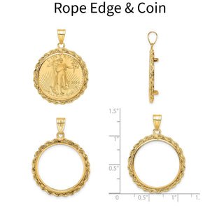 Rope edge 14k gold bezel with 1/4 oz American Eagle coin, front, side, and size views