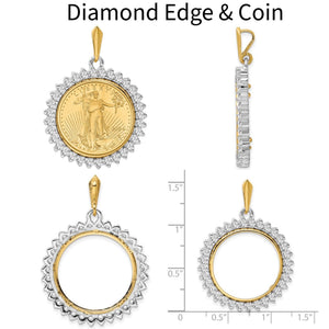 Natural diamond edge 14k gold bezel with 1/4 oz American Eagle coin, front, side, and size views