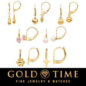Seven pairs of 14k yellow gold children's leverback dangle earrings shown side by side