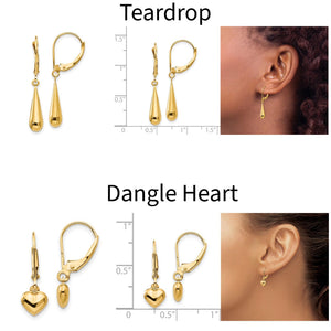 Teardrop and dangle heart 14k gold kids leverback earrings with size charts and on-ear photos