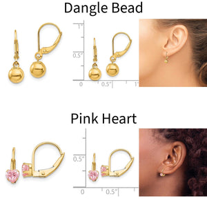 Dangle bead and pink heart 14k gold kids leverback earrings with size charts and on-ear photos