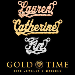 Diamond-cut script name pendants with a heart in rose gold, yellow gold, and white gold reading Lauren, Catherine, and Fin