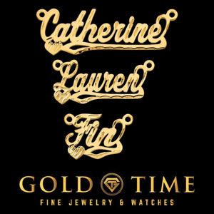 Yellow gold diamond-cut script name pendants with an engraved heart and underline tail, reading Catherine, Lauren, and Fin