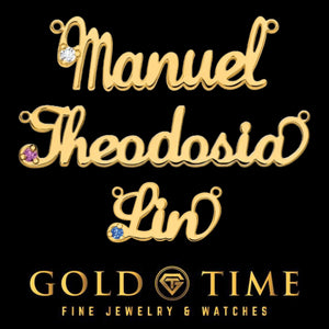 Three yellow gold birthstone name necklaces reading Manuel, Lin, and Theodosia