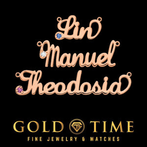 Three rose gold birthstone name necklaces reading Lin, Manuel, and Theodosia