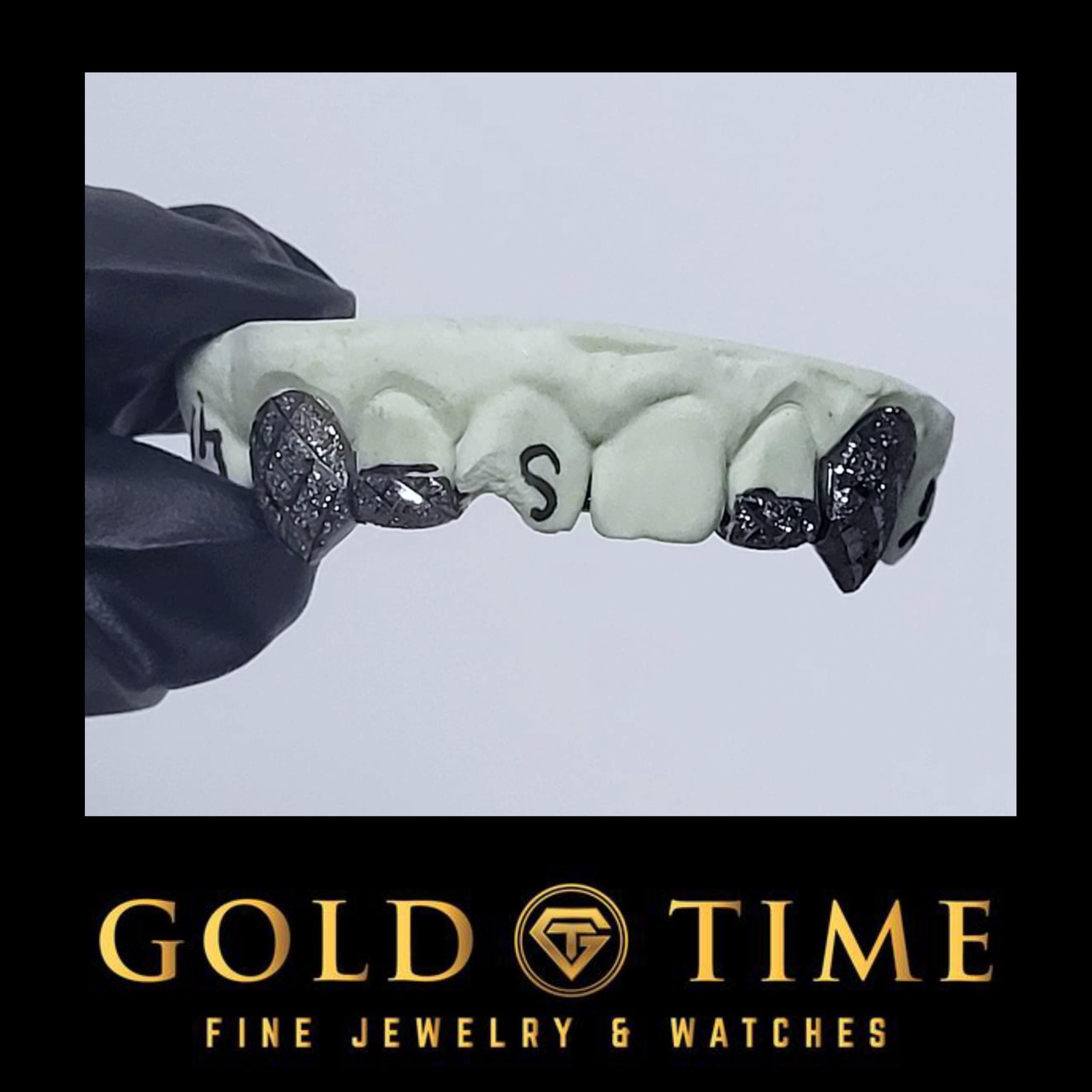 Black Rhodium 4-Piece Custom Grillz with Trillion Cut & Diamond Dust | Handmade Teeth Jewelry | Includes Impression Kit | Custom Fangs