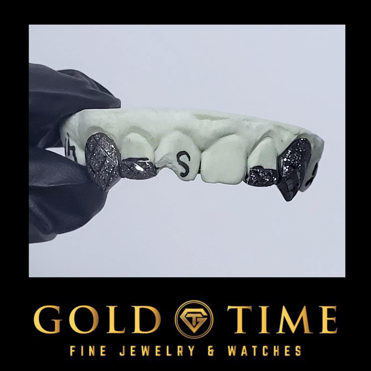 Black Rhodium 4-Piece Custom Grillz with Trillion Cut & Diamond Dust | Handmade Teeth Jewelry | Includes Impression Kit | Custom Fangs