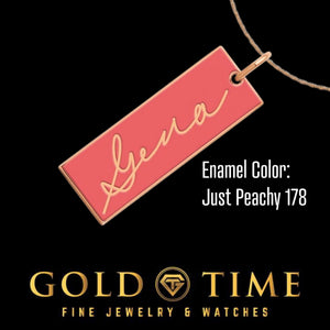 Close up of a rose gold name charm with Just Peachy 178 enamel and handwritten name Gena
