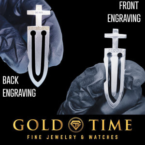 Cross bookmarks showing front engraving and back engraving examples