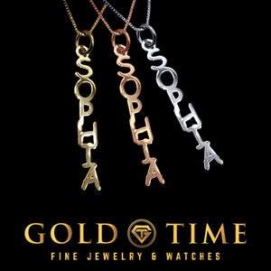 Four vertical name plate charms in rose, yellow, white and silver hanging from chains