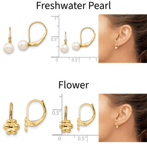Freshwater pearl and flower 14k gold kids leverback earrings with size charts and on-ear photos
