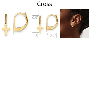 Cross 14k gold kids leverback earrings with a size chart and on-ear photo