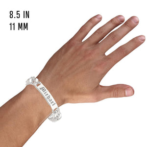 Wrist wearing the 11 mm sterling silver curb link ID bracelet