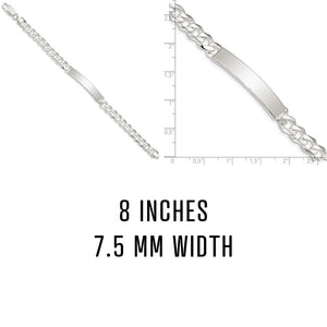 Sterling silver curb link ID bracelet, 8 inches long and 7.5 mm wide