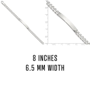 Sterling silver curb link ID bracelet, 8 inches long and 6.5 mm wide