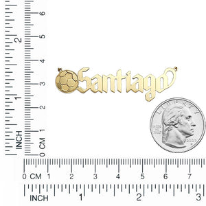 Soccer ball gothic name plate next to a ruler and a quarter for size comparison