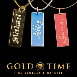 Enamel name charms in black with Old English lettering, blue with script Ashley, and peach with script Gena