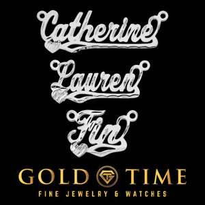 Sterling silver or white gold diamond-cut script nameplates with a heart, reading Catherine, Lauren, and Fin