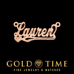 Rose gold diamond-cut script name pendant with heart reading Lauren