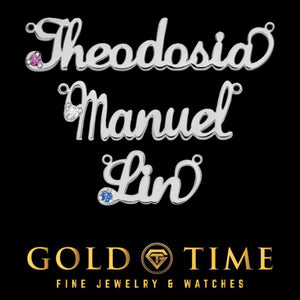 Three white silver birthstone name necklaces reading Theodosia, Manuel, and Lin
