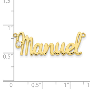 Gold script name necklace beside a ruler showing the nameplate measures about an inch and a half