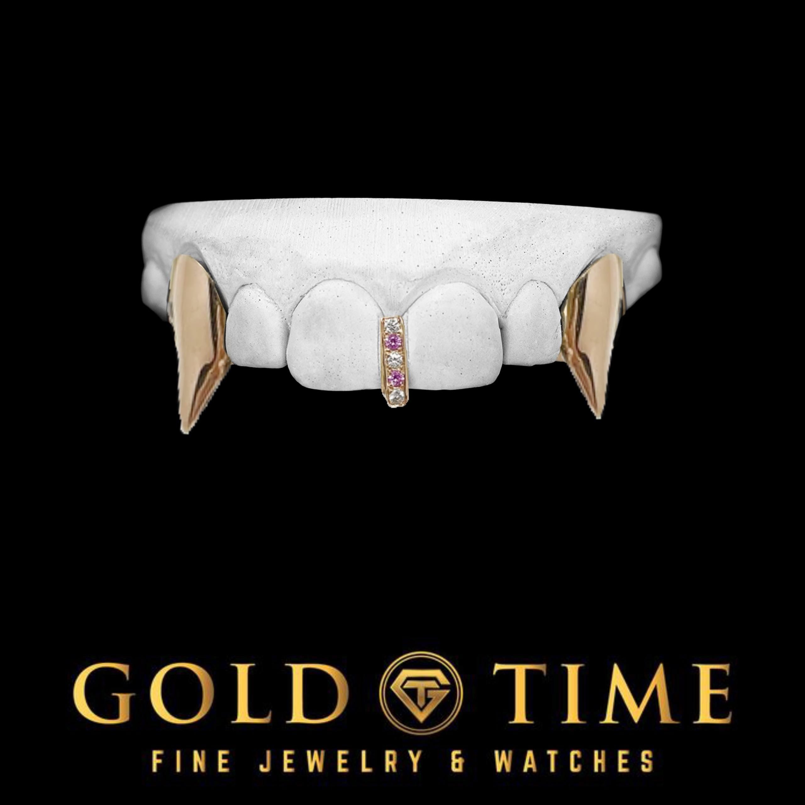 3 Piece Custom Extra Long Fang Grill with Pink & White Moissanite Gap Bar  Solid Extended Canines  Handmade in Gold or Silver