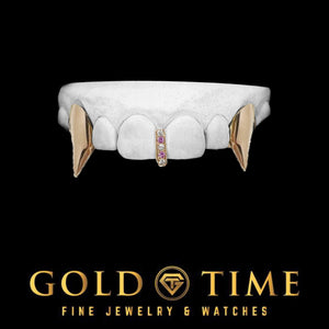 Extra long fang grillz with pink and white moissanite gap bar