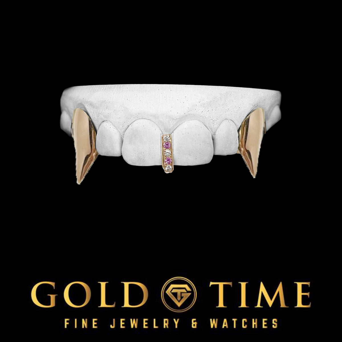 3 Piece Custom Extra Long Fang Grill with Pink & White Moissanite Gap Bar  Solid Extended Canines  Handmade in Gold or Silver