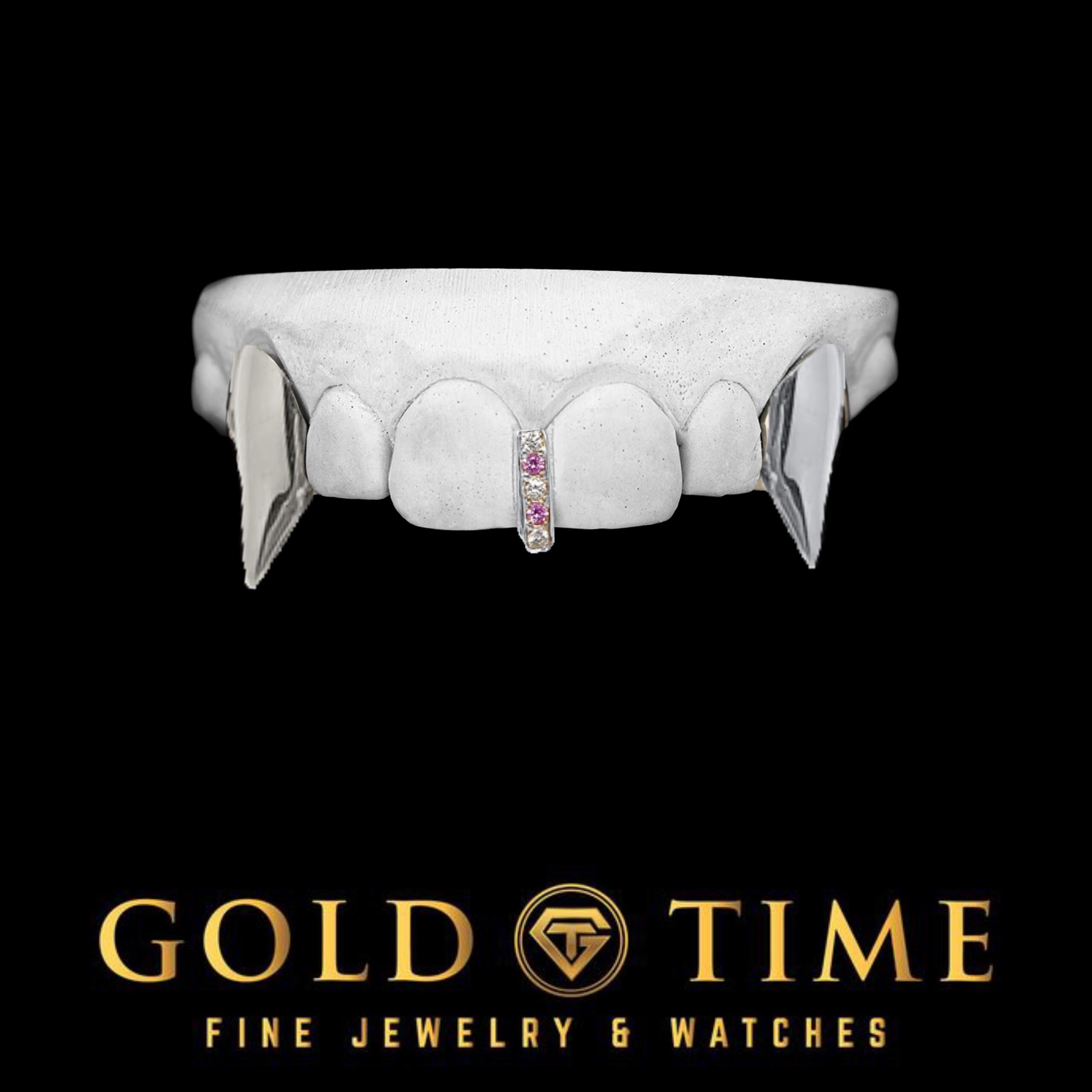 3 Piece Custom Extra Long Fang Grill with Pink & White Moissanite Gap Bar  Solid Extended Canines  Handmade in Gold or Silver