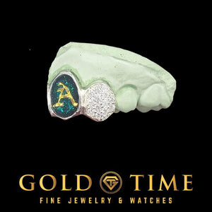 Grillz with gold and silver design on a black background with 'Gold Time' branding.