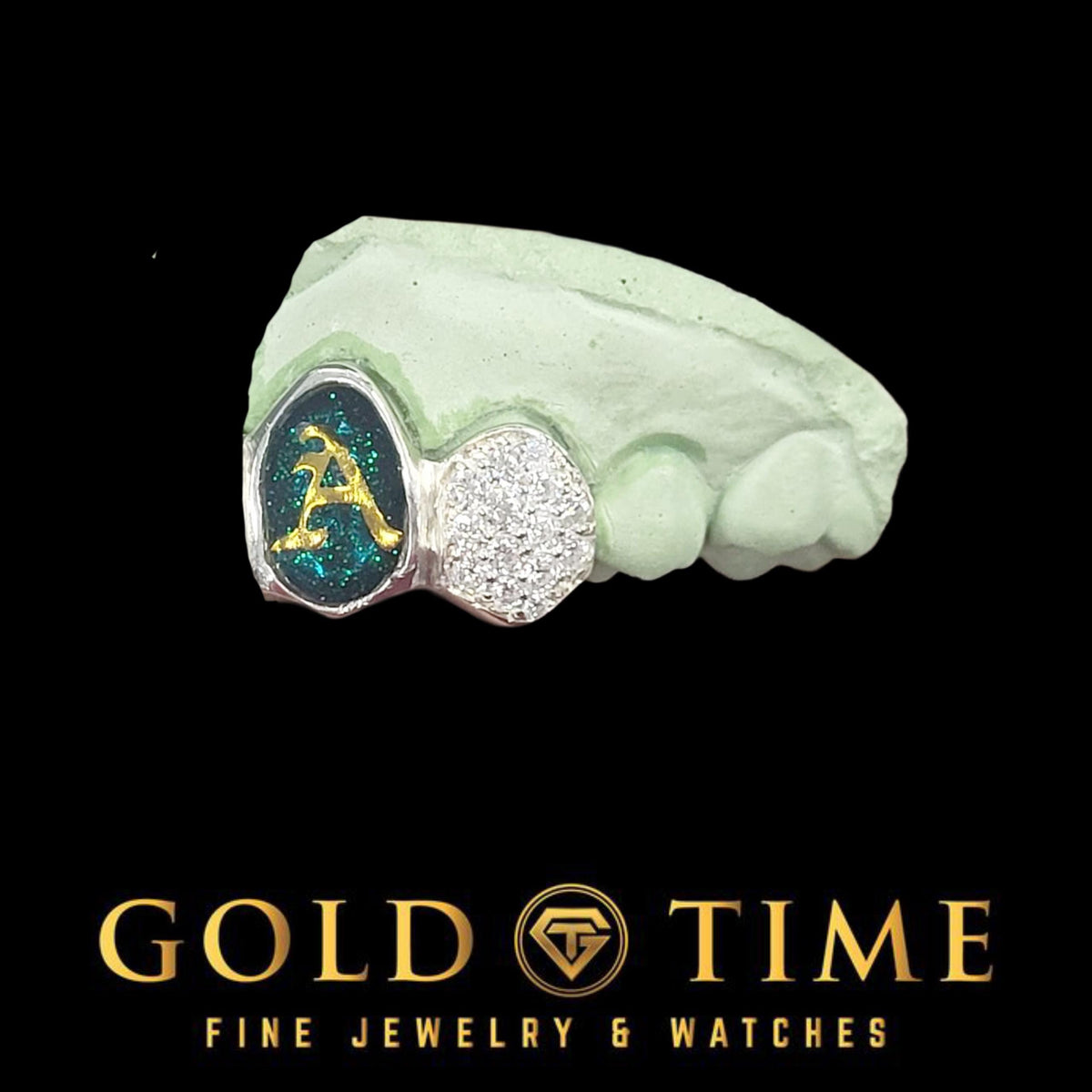 2PC Moissanite Custom Letter Grillz with Green Aurora Enamel & Moissanite - Initial Grill - Bustdown Teeth - Personalized Gift Idea