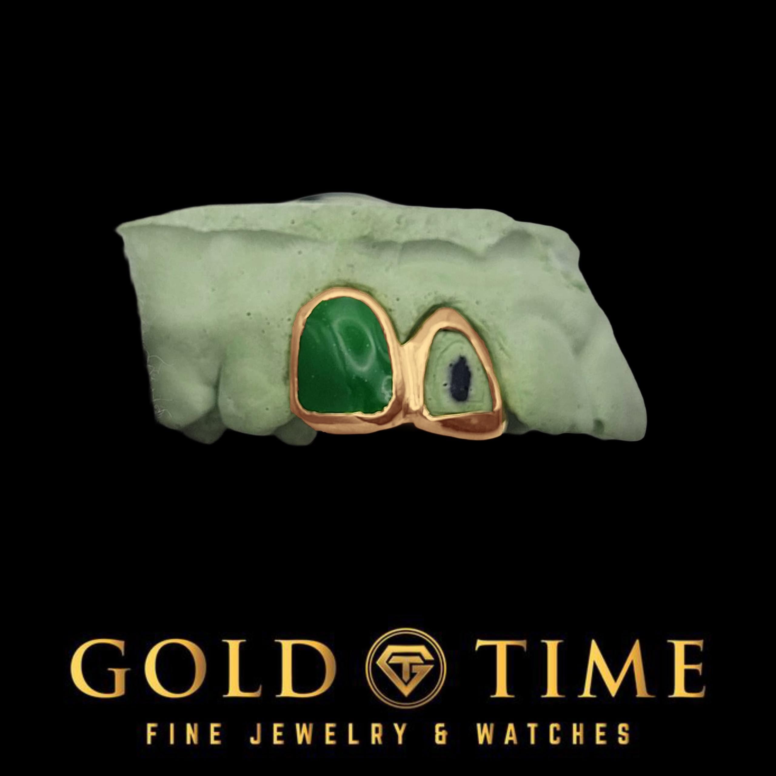 Custom 2 Piece Open Face Jade-Tone Green Canine Grillz - Double Cap Grill - 10K Gold, Silver, Rose Options - Handmade by Gold Time Killeen