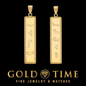 Two yellow gold vertical cartouche pendants with custom hieroglyph names and a beaded border