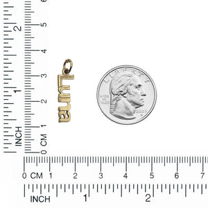 Gold vertical name charm next to a US quarter and a ruler showing it is about 1 inch long