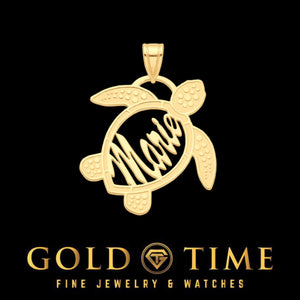 Yellow gold sea turtle name pendant with a script name cut through the shell