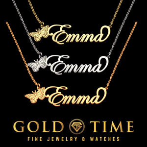 Three cursive butterfly name necklaces reading Emma in yellow gold, silver, and rose gold on cable chains, Gold Time