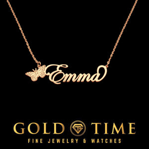 Rose gold cursive butterfly name necklace reading Emma on a matching cable chain