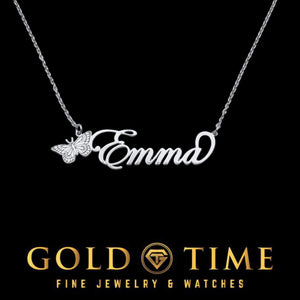 Sterling silver cursive butterfly name necklace reading Emma on a cable chain