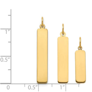 Small, medium and large gold vertical bar pendants beside a ruler showing heights from about 0.7 to 1.2 inches