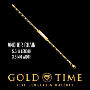 14k gold kids ID bracelet on a flat anchor chain, 5.5 inches long and 3.5 mm wide