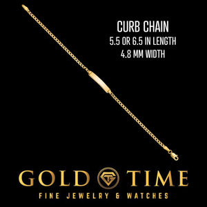 14k gold kids ID bracelet on a curb chain, 5.5 or 6 inches long and 4.8 mm wide