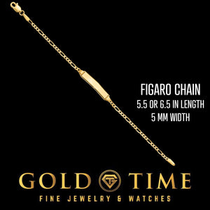 14k gold kids ID bracelet on a Figaro chain, 5.5 or 6 inches long and 5 mm wide
