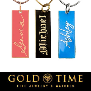 Three enamel bar charms showing peach script Gena, black Old English Michael, and blue script Ashley