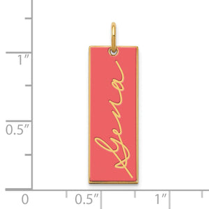 Gold enamel name charm with peach enamel next to a ruler showing it is about 1.25 inches tall