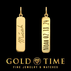 Two yellow gold bar pendants, one engraved with a handwritten name on the front and one engraved NOAH 02.18.24 on the back