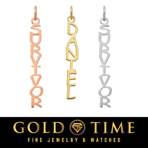 Three vertical name plate charms shown in rose, yellow and white against black
